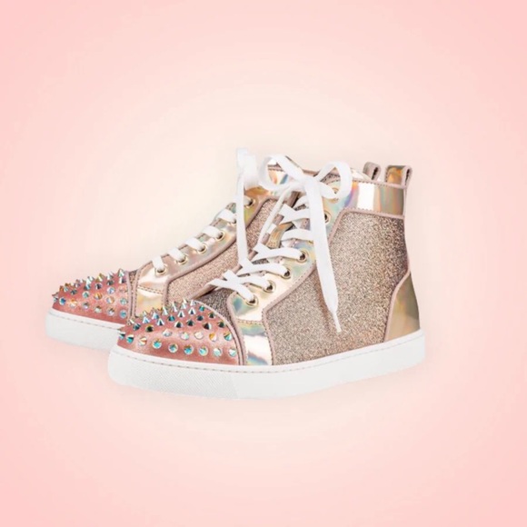 Christian Louboutin Lou Spikes Glitter Champagne Pink Sneakers